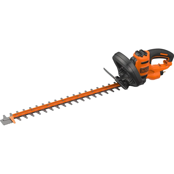 Black+Decker Elektro-Heckenschere (600W, 60 cm Schwertlänge, 25 mm Schnittstärke, Bügel-Zweithandgriff und transparentem Handschutz, für große Hecken) BEHTS501