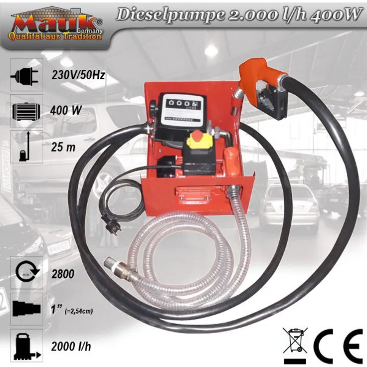 Mauk Heizöl- Dieselpumpe Absaugpumpe Komplett Set mit Zählwerk, Schläuchen und Zapfpistole - 400 W, 2000 l-h - Mauk