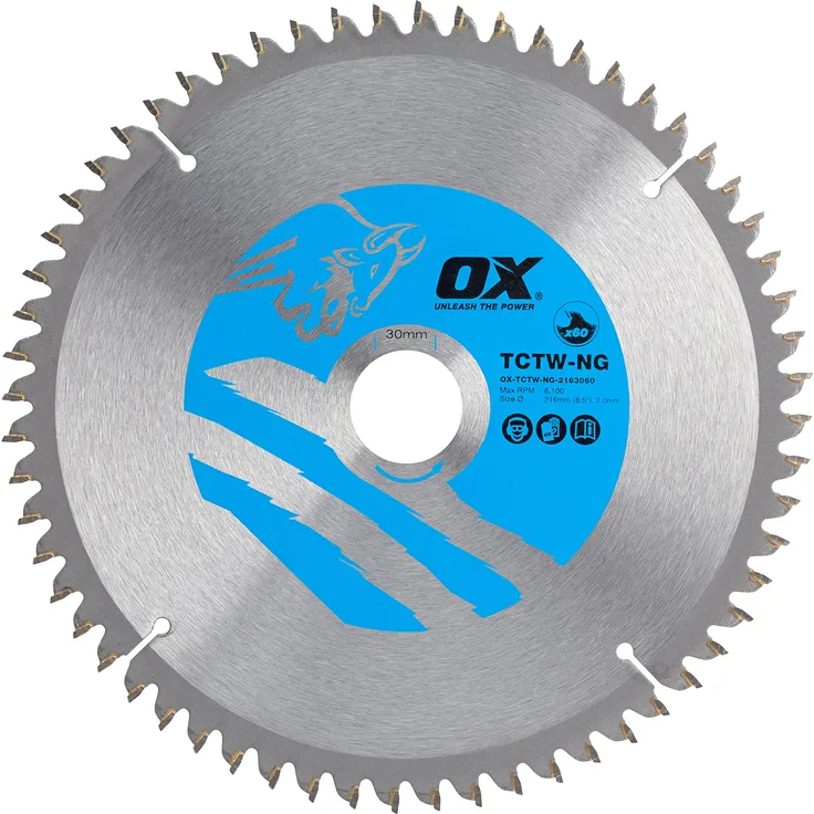 OX Tools OX-TCTW-NG-2163060 OX Wood Cutting Negative Rake Circular 216-30mm, 60 Teeth ATB Saw Blade, Silver-Blue, 216-30 mm
