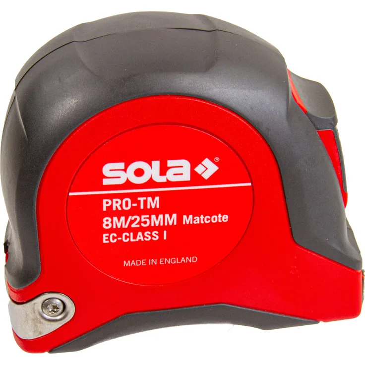 SOLA Bandmaß - PRO-TM - 8m - 25mm - robustes Profi-Rollbandmaß mit Gürtelclip - Stahlband, gelb lackiert mit mm Skala - Genauigkeitsklasse I - Rollmeter mit beweglichem Endhaken - Länge 8m-25mm