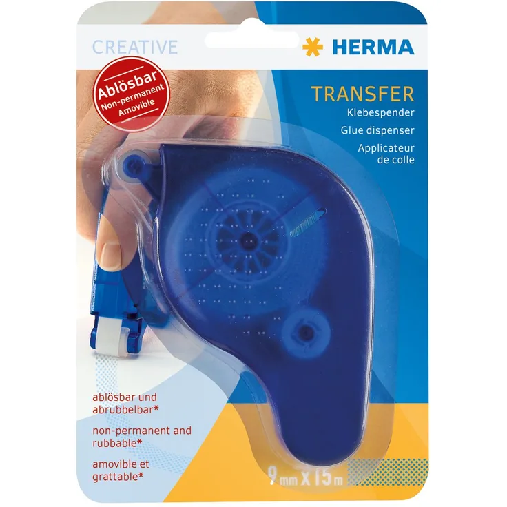 HERMA 1067 Kleberoller, ablösbar (15 m x 9 mm, nachfüllbar) selbstklebender Klebespender mit doppelseitigen Klebepunkten für Fotos, Basteln, Schule und Büro, blau