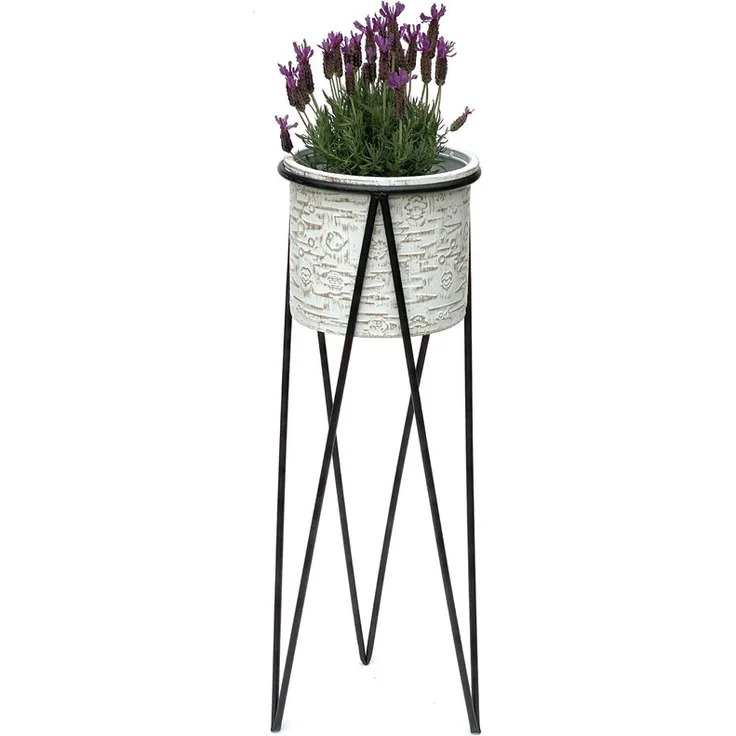 Blumenhocker mit Topf Metall Schwarz Weiß L 75 cm Blumenständer 96043 Blumensäule Modern Pflanzenständer Pflanzenhocker - Dandibo