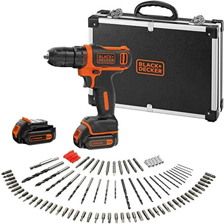 Black+Decker Akku-Bohrschrauber (10.8V 1,5Ah, ultrakompakt & leicht, mit LED-Arbeitsleuchte, Softgriff, 200mA Ladekabel, 2x Akkus, 100tlg. Zubehör, in hochwertigem Koffer) BDCDD12BAFC – Bild 1