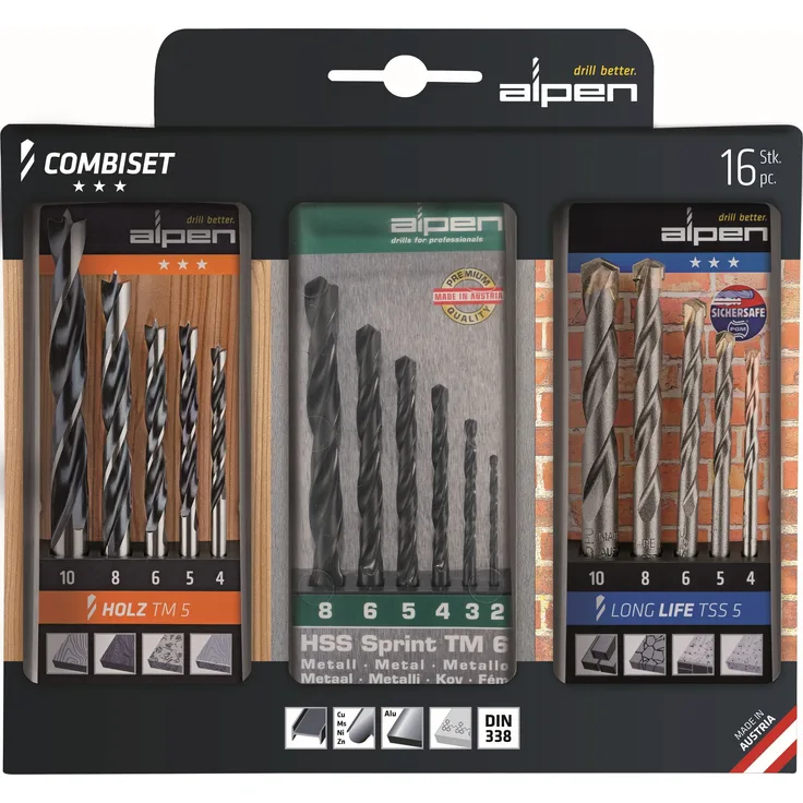 alpen CV Maschinen-Holzspiralbohrer, Durchmesser 4-10 mm, Hartmetall-Steinbohrer Long Life, 2-8 mm als 16-teiliges Set, 801003100