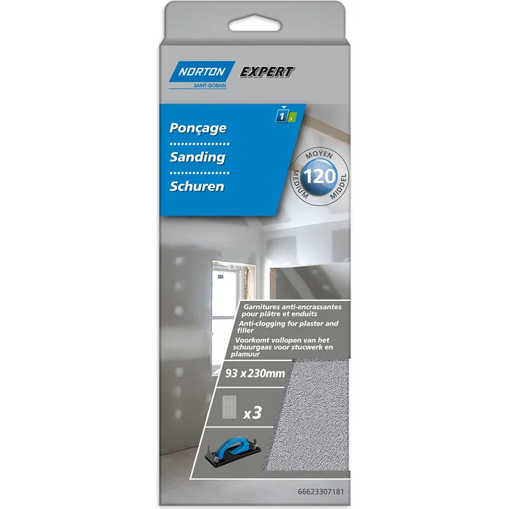 Norton Schleifmaterial für Putz, 120er-Körnung, 93 x 230 mm, 3 Stück
