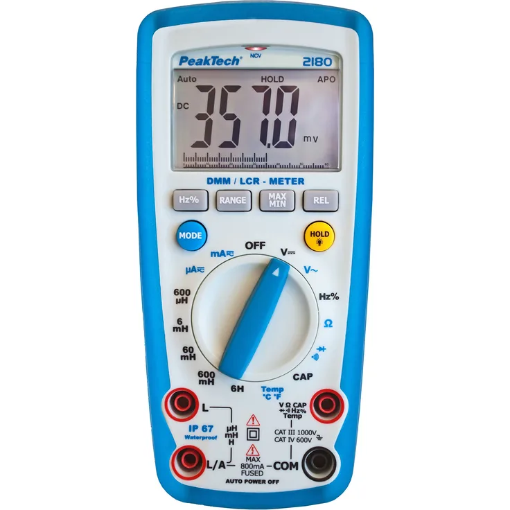 PeakTech 2180 Digitales Multimeter mit LCR-Meter, Widerstand, Kapazität, Induktivität, Messgerät, 6000 Counts, Autorange, Strommessgerät, Durchgangsprüfer, beleuchtetes LCD-Display - CAT III 1000 V