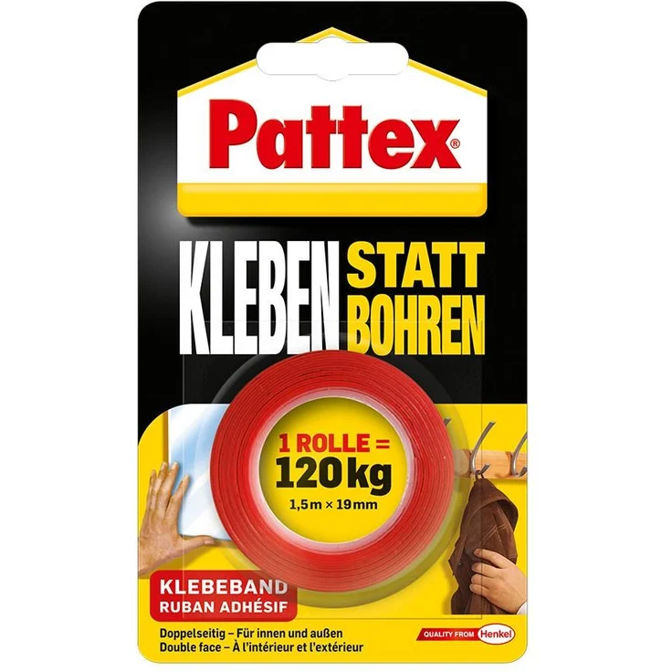 Pattex Kleben statt Bohren Klebeband, extra starkes doppelseitiges Klebeband, Doppelklebeband für Montagearbeiten innen & außen, Wandbefestigung ohne Bohren, 19mm x 1,5m – Bild 1