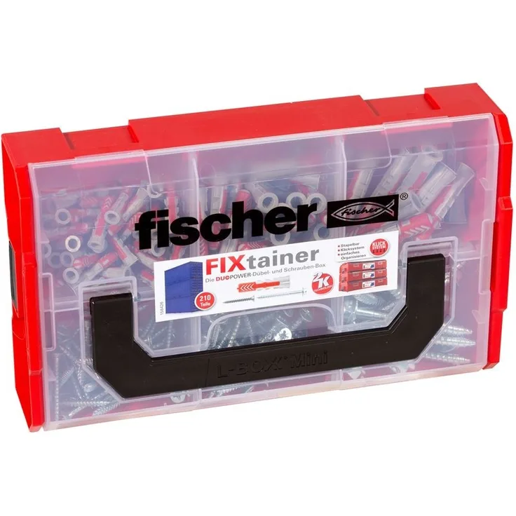 fischer FIXtainer DUOPOWER mit Schraube, Dübelbox mit 210 Dübeln & Schrauben (60 Stk 6x30, 30 Stk 8x40, 15 Stk 10x50) Universaldübel, praktisches Dübelset, Werkzeugkiste mit Tragegriff & Klicksystem - Preisvergleich