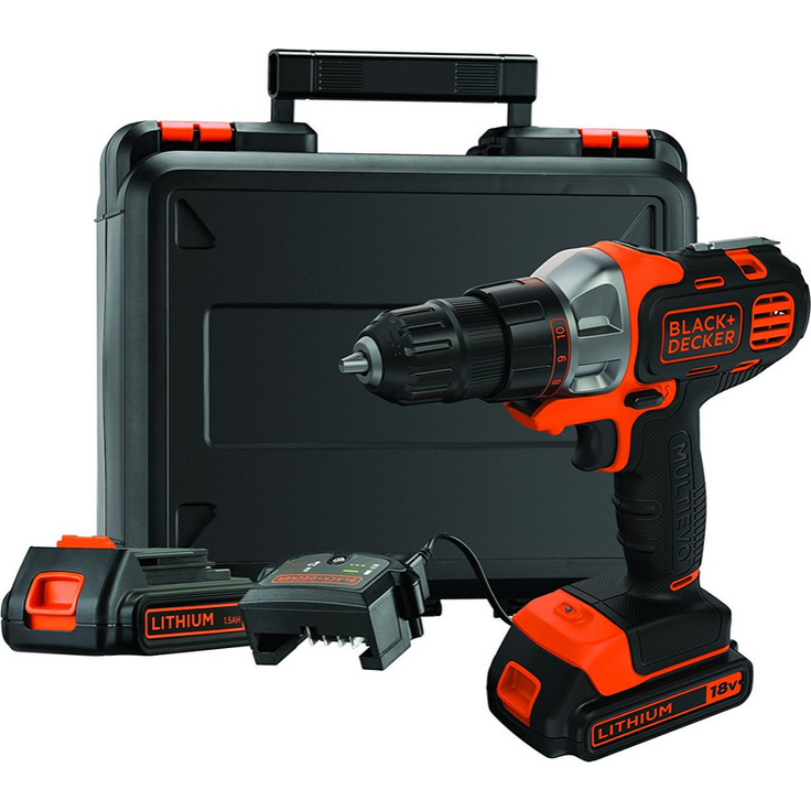 Black+Decker Akku-Multifunktionsgerät MT218KB 18V Akkubohrer mit 2 Akkus Geeignet zum Bohren, Sägen und Schleifen dank verschiedener Aufsätze Inklusive Koffer Werkzeug mit Koffer