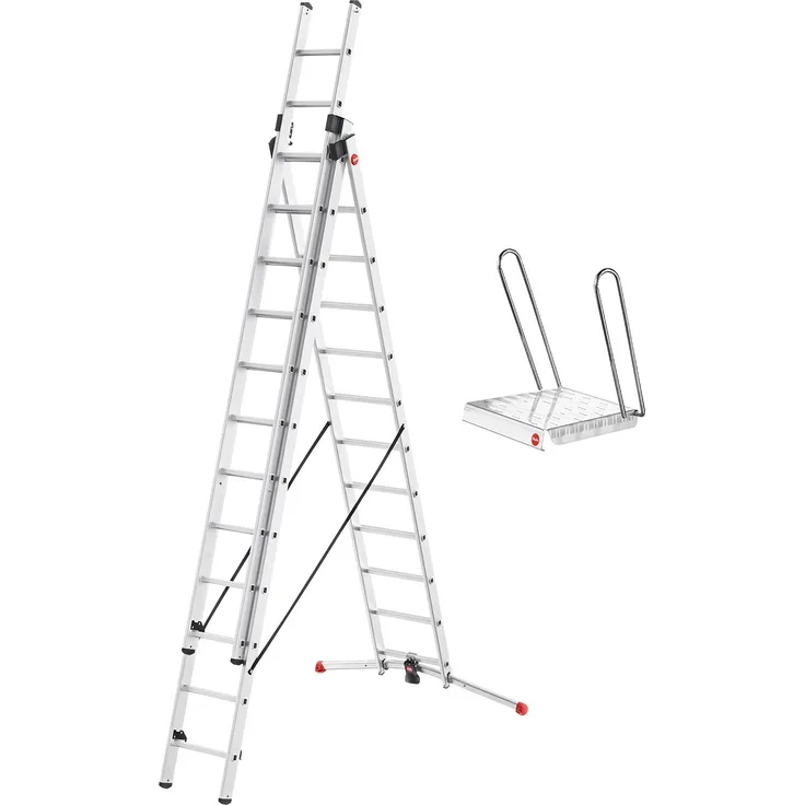 Hailo S100 ProfiLOT, Alu-Kombileiter mit LOT-System, 3 x 12 Sprossen, inkl. Einhängetritt, bis 150 kg, Made in Germany, 9312-107