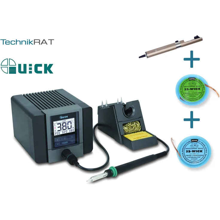 Quick TS2200 Digital Regelbare ESD Lötstation 90 Watt inkl. Lötkolben mit Hochleistungs Industrie-Heizelement und Zubehör SMD Lötstation für Industrie, Labor, Schule und Hobby