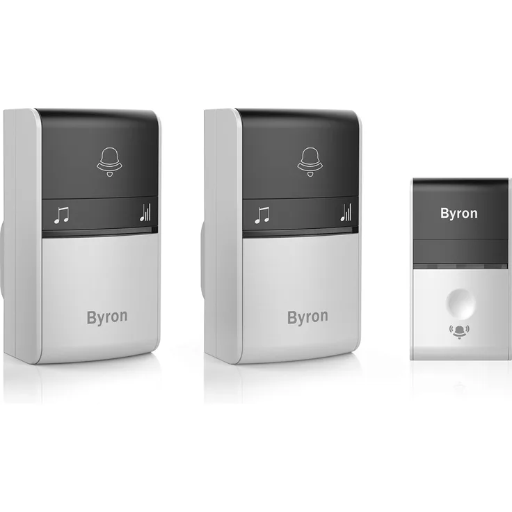 Byron DBY-23415 Funk-Türklingel-Set, Klingelknopf mit kinetischer Funktionsweise ohne Batteriebedarf, bis 100 Meter Funkreichweite, Höchstlautstärke von 80 dB