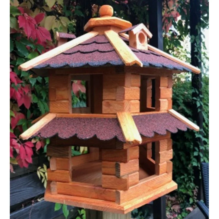 Vogelvilla L Futterstelle Sechseck Doppelstock Holz Vogelhaus Braun-Rot