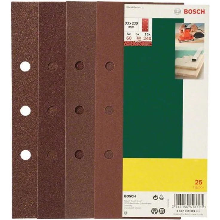 Bosch 25-teiliges Schleifblatt-Set 93 x 230 mm, für Schwingschleifer, 93 x 230 mm, 8 Löcher (Black Decker), Körnung 60, 80, 120, 240, 2607019501