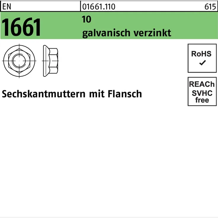 DIVERSE Sechskantmutter EN 1661 m.Flansch M 6 10 galv. verzinkt