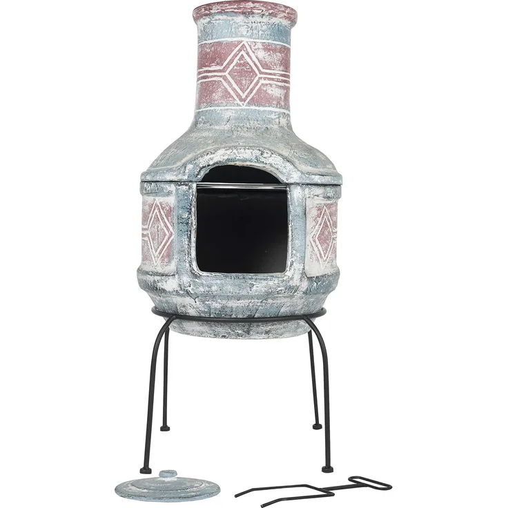 La Hacienda Geometric Gartenkamin Ton-Kamin, mittelgroß, Blau/Rot