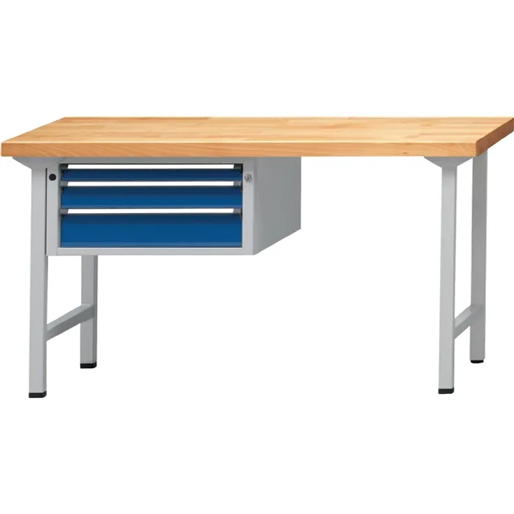 Werkbank V B2000xT700xH840mm Buche massiv lichtgrau enzianblau 3 Schubl.ANKE