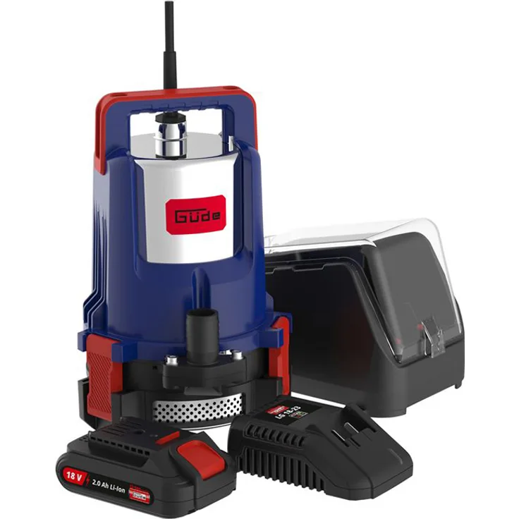 Güde KTP 18-201-23 Akku Klarwassertauchpumpe , 2,0 Ah Akkupack und Schnellladegerät - 58568 18 V 2.000 l/h Entwässerung max. Förderhöhe 7 m max. Partikelgröße 1 mm Kabellänge 8 m 4,5 kg