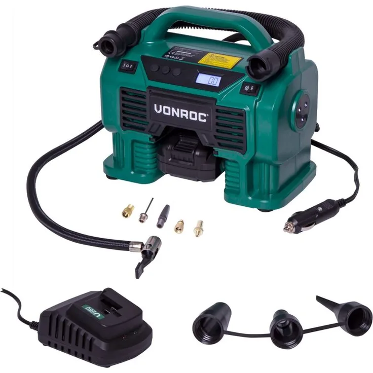 Akku-Kompressor VPower 20V - 20V Akku und 12V Zigarettenanzünder-Stecker – Befüll- und Entleerungsfunktion - Max. Arbeitsdruck 11 bar