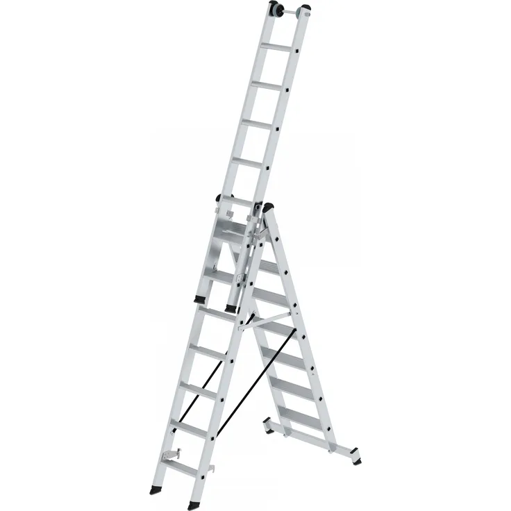 Günzburger Stufen- Mehrzweckleiter mit Wandlaufrollen und Nivello Traverse 3x7 Sprossen