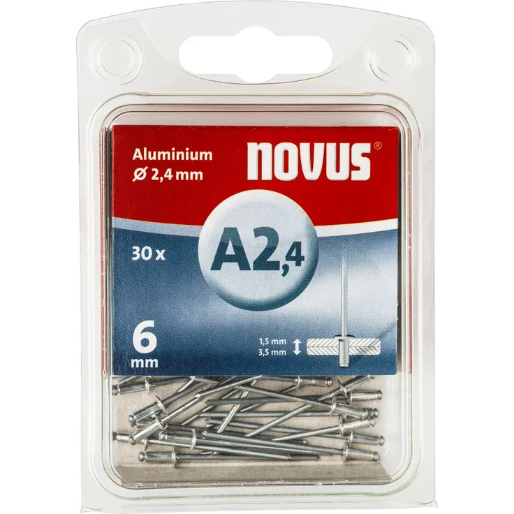 Novus Blindnieten Ø2,4 mm Aluminium, 6 mm Länge, 30 Nieten, 1.5-3.5 mm Klemmlänge, zur Befestigung von Nichteisen Metall