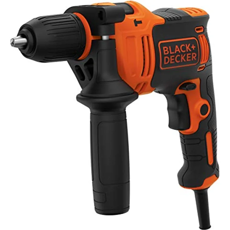 Black+Decker BEH710 1-Gang Schlagbohrmaschine (710W, Schlagbohrer, 13mm Schnellspannbohrfutter, konstanter Rechts--Linkslauf, Zweihandgriff, inkl. 2x HSS Bohrer, 2x Steinbohrer)