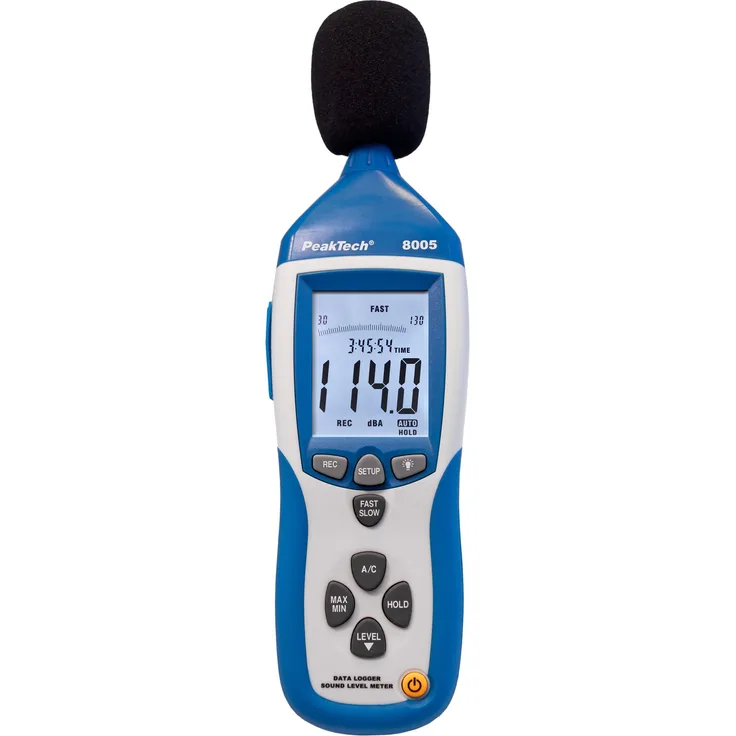 PeakTech 8005 - Schallpegelmessgerät Klasse 2 mit Aufzeichnung (32000 Messwerte), Kalibriert, Schallpegelmessung mit USB, dB-Messgerät, dB Messer, Min-Max, Datenlogger, AC-DC-Ausgänge, 30 dB - 130 dB