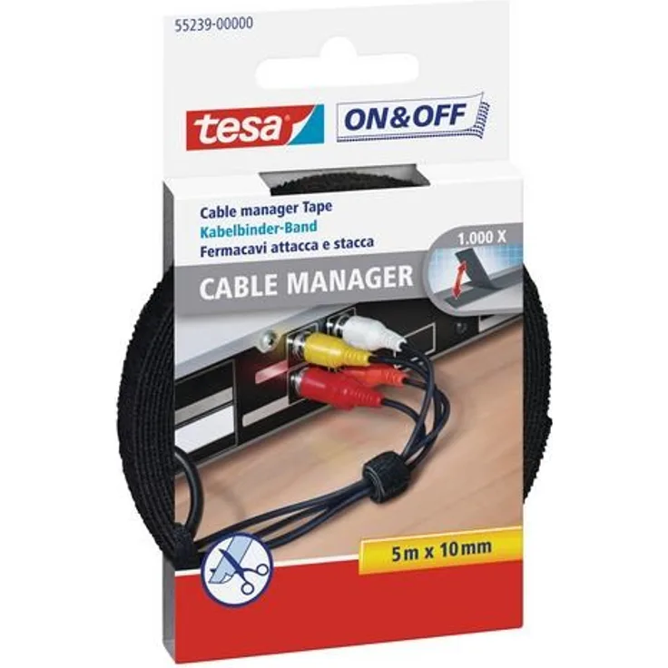 tesa Kabelbinder Klett - On & Off Kabel Klettband in Schwarz - Individuell zuschneidbar - 1 x 5m Rolle