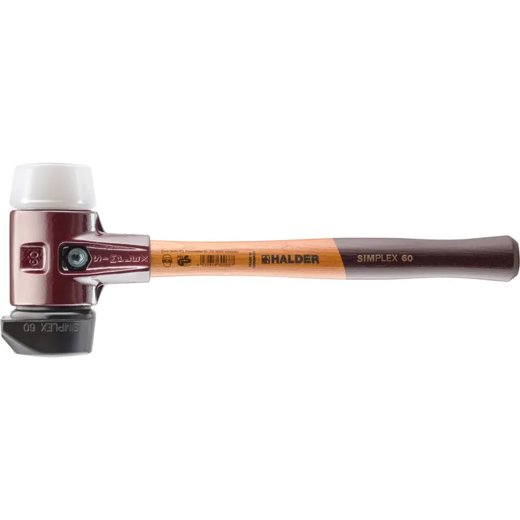 Halder Simplex-Schonhammer 60mm mit Standfuß und 2 Schlageinsätzen Gummi mittelhart & Superplastik mittelhart - 3027.260