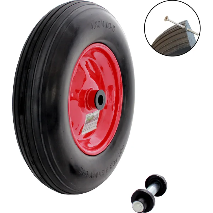 Schubkarrenrad Vollgummi Pannensicher 4.80/4.00-8 mit Achse PU Stahlfelge schwarz Rot