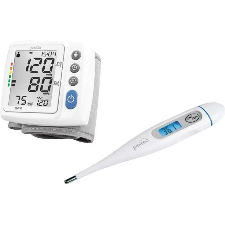 2 in 1 Set: Handgelenk-Blutdruckmessgerät HGP-30€œ, Weiß- Grau + Digitales Fieberthermometer PFT-3,7€œ - Promed