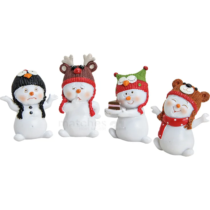 matches21 Schneemann Deko Figuren Tiermotiv Wintermützen Weihnachten Dekoration 4er Set aus Kunststoff je ca. 4x3x6 cm