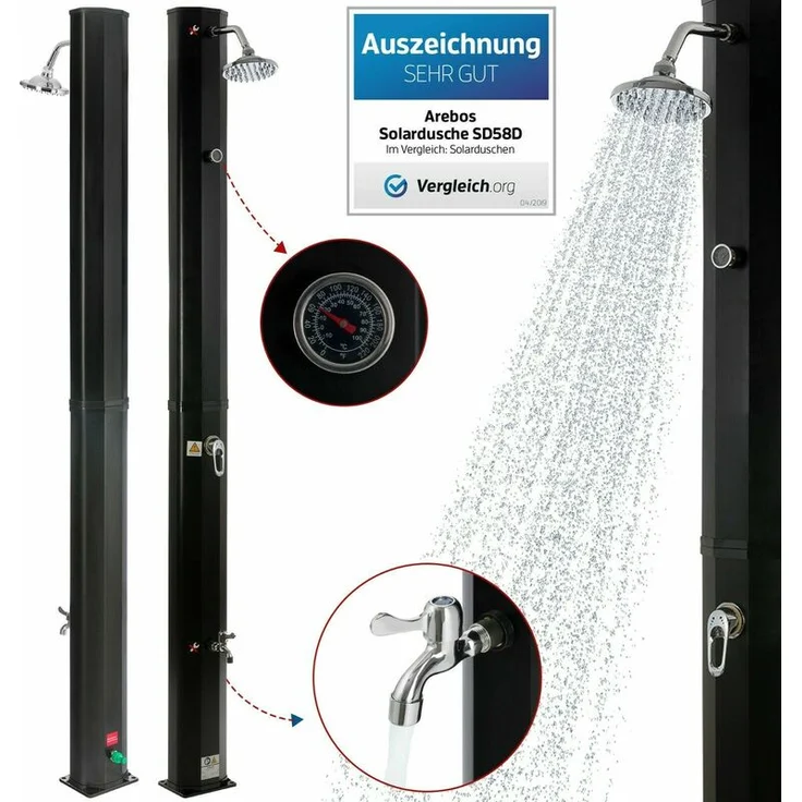 Solardusche Gartendusche Pooldusche Außendusche Campingdusche 35 l 216 cm - Schwarz - Arebos