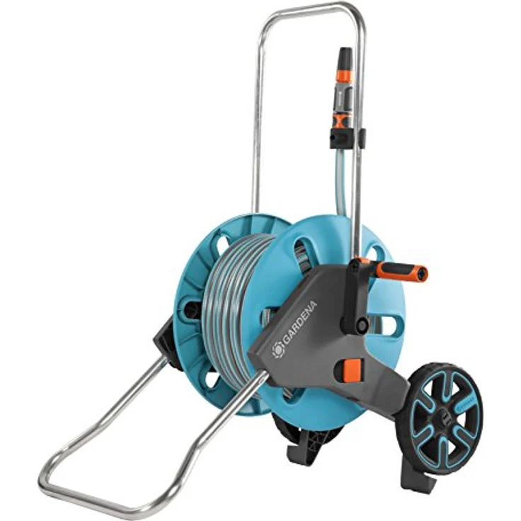 GARDENA Schlauchwagen CleverRoll M Set: Schlauchwagen mit 20 m 13 mm Classic-Schlauch und Spritze und Clipbefestigung zur Aufbewahrung, Nachtropfstopp, Kurbelseite frei wählbar (18513-20) – Bild 1