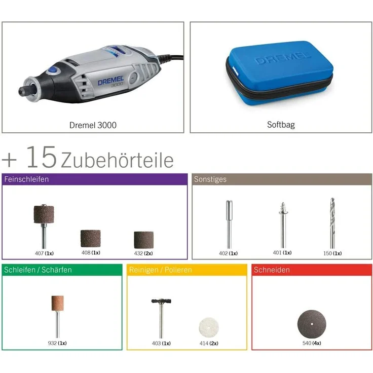 Dremel 3000 Multifunktionswerkzeug 130 Watt, Set mit 15 Zubehörteilen, Variable Drehzahl 10.000-33.000 U-min zum Schneiden, Schleifen, Gravieren, Polieren, Schärfen, Reinigen, Schnitzen, Fräsen – Bild 2