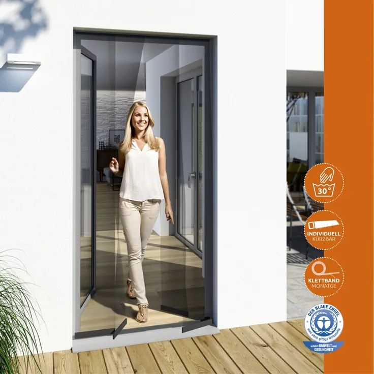 Windhager Insektenschutz Lamellenvorhang Türvorhang, mit vormontierten Beschwerungsleisten, individuell kürzbar, mit Klett- und Abdeckband, 100 x 220 cm, anthrazit, 03793