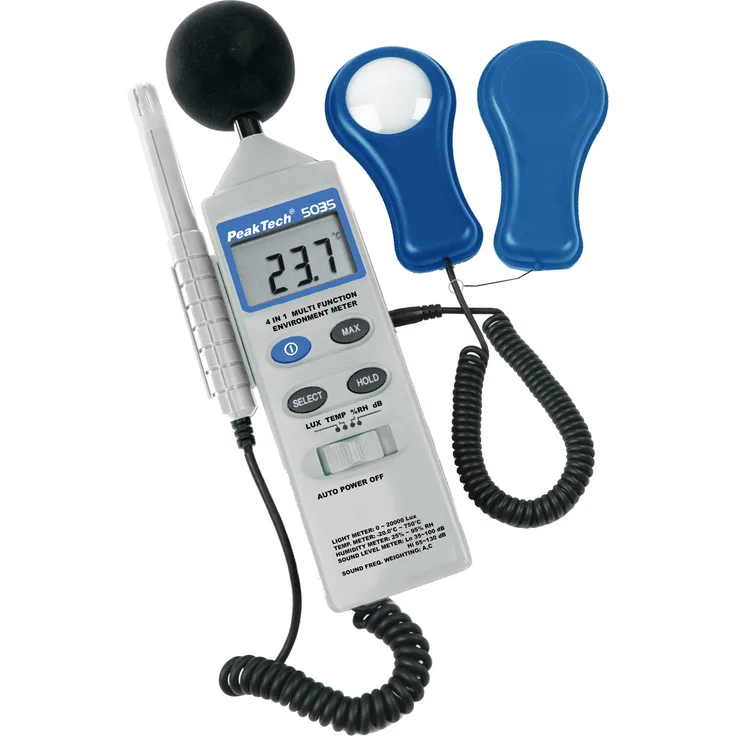 Peak Tech P 5035 4 in 1 Multifunktions Umweltmessgerät zur Messung von Schall, Temperatur, Luftfeuchtigkeit und Lux, Messer, Db Messung, LCD Anzeige, Typ K Sensor, batteriebetrieben - 250G