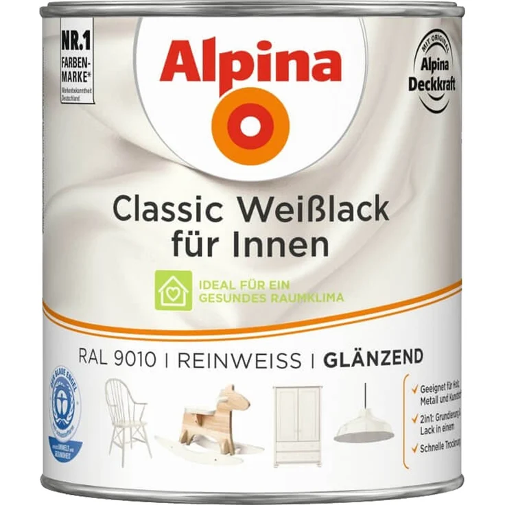 Alpina Classic Weißlack für Innen , Acryl-Lack mit integrierter Grundierung 750 ml (ca. 10m²) Cremeweiß Glänzend - Alpina Farben – Bild 1