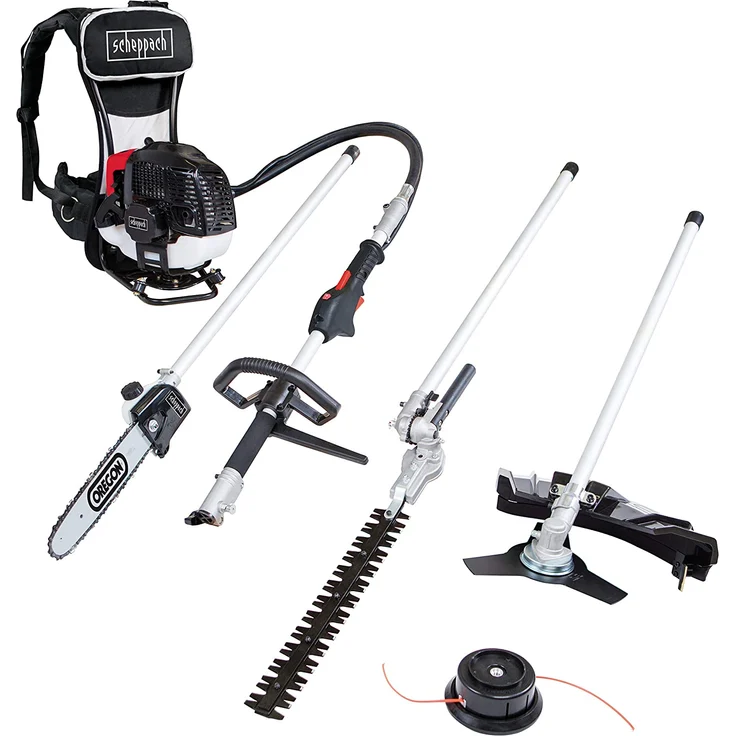 Scheppach 5904805903 Backpacker 4 in 1 = Motorsense, Rasentrimmer, Heckenschere, Hochentaster | Benzin Multitool mit 2 Taktmotor und 51,7 cm³ auf Rucksack? | 1,3 kW (1,8 PS), 16,5 kg – Bild 1