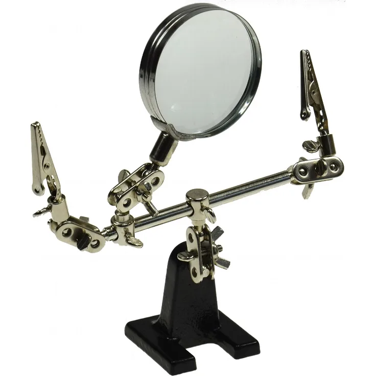 Dritte Hand mit Lupe und Klemmen - Löthilfe mit Gussfuss - 2,5x Vergrößerung