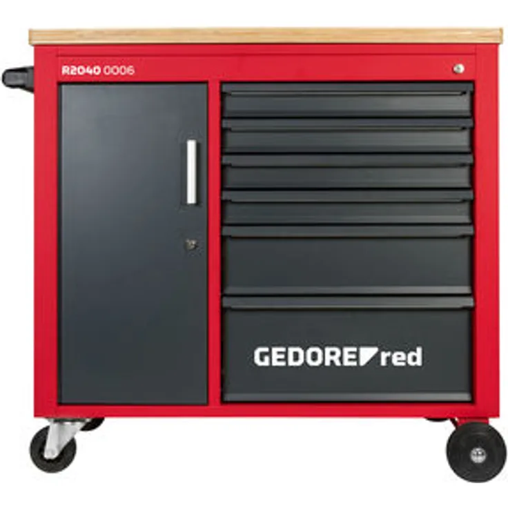 GEDORE red Werkstattwagen MECHANIC PLUS mit 6 Schubladen mit massiver Holzplatte