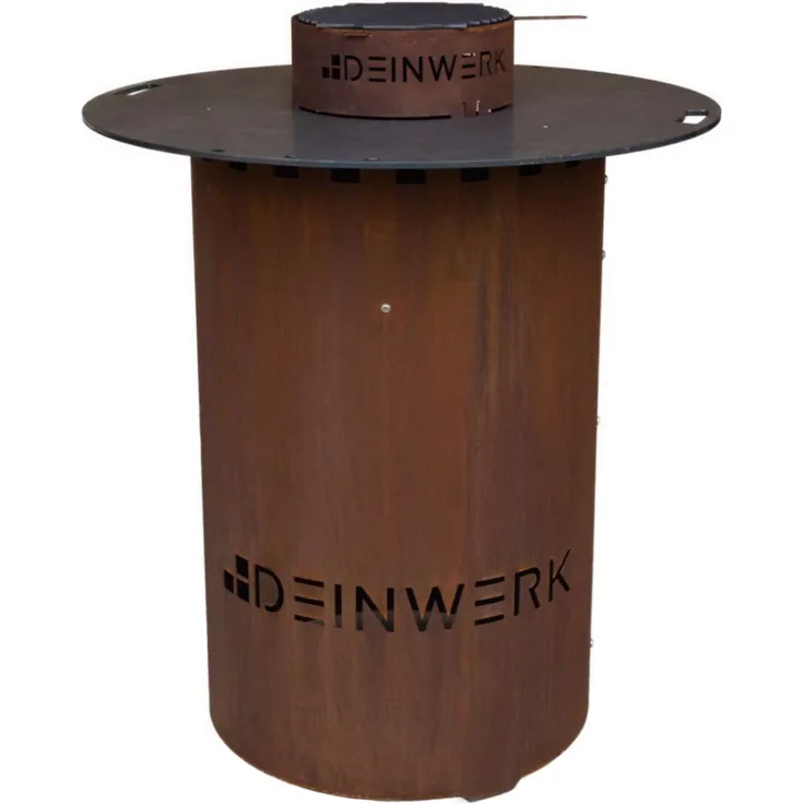 Grillfass-Set Holzkohlegrilltonne aus Corten 90cm mit Plancha, Holzkohlegrillrost und Wok-Aufsatz DEINWERK