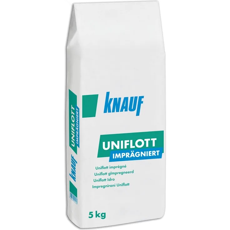 Knauf Uniflott imprägniert Gipsspachtel-Masse zum Verspachteln von imprägnierten Gipsplatten mit HRK bzw. HRAK ohne Fugen-Deckstreifen, 5 kg – Spezial-Gips, wasser-abweisende Spachtel-Masse