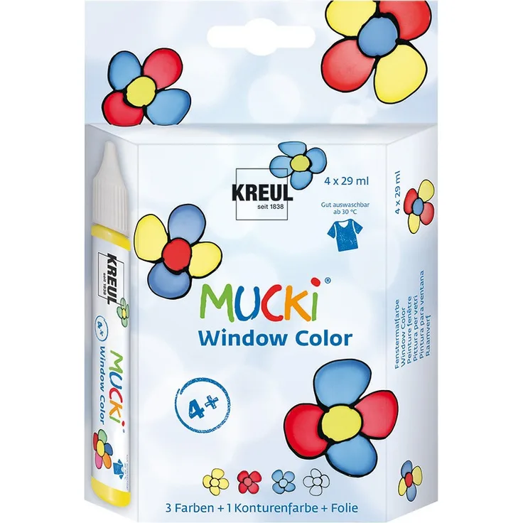 Kreul 24450 - Mucki Window Color Set, Fenstermalfarbe auf Wasserbasis, parabenfrei, glutenfrei, laktosefrei, vegan, leicht vermalbar, auswaschbar, 4 x 29 ml Farbe und feste Folie