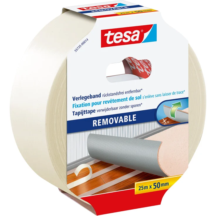 tesa Verlegeband rückstandsfrei entfernbar - Gewebeverstärktes, doppelseitiges Klebeband zum Verkleben von Teppich- und PVC-Bodenbelägen - 25 m x 50 mm – Bild 1