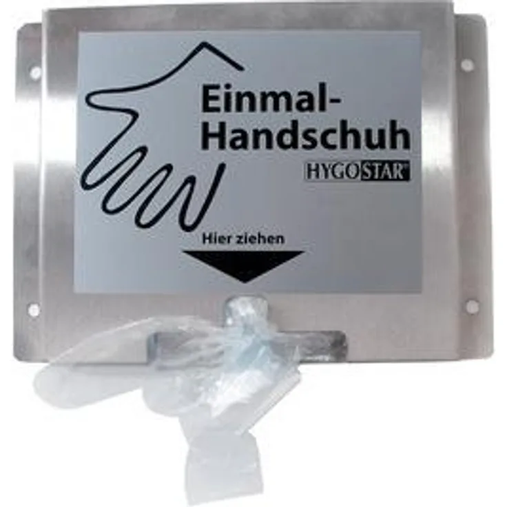 HYGOSTAR Spenderhalter für PE-Einweghandschuhe aus Edelstahl, rostfrei, Aufschrift: Einmalhandschuh + Hier ziehen, Maße: (B)210 x (T)80 x (H)130 mm (88933)