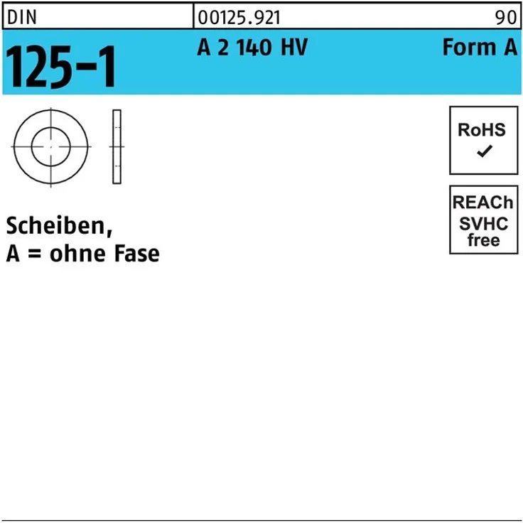 Reyher Unterlegscheibe DIN 125-1 Form A 13 x24 x2,5 A 2 140 HV - 4043952050156