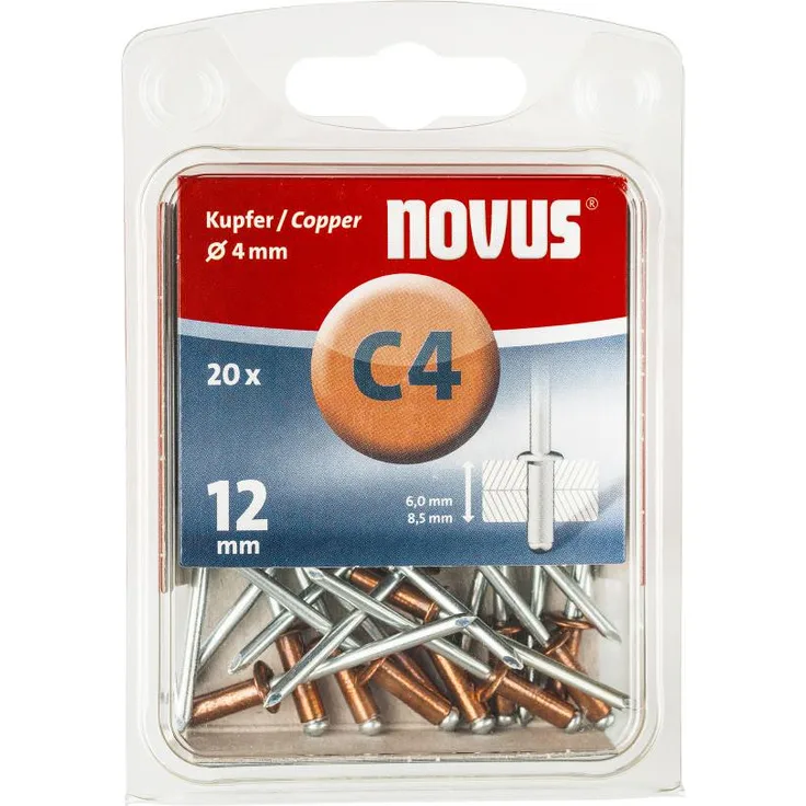 Novus Kupfer-Blindnieten 12 mm, 20 Stk., Ø 4mm, 6.0-8.5 mm Klemmlänge, für korrosionsbeständige, leitfähige Verbindungen