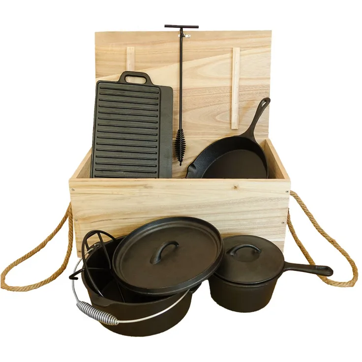 Westerholt Gusseisen Koch- und Grillset, 7-teilig in Holzkiste, für Feuerstelle
