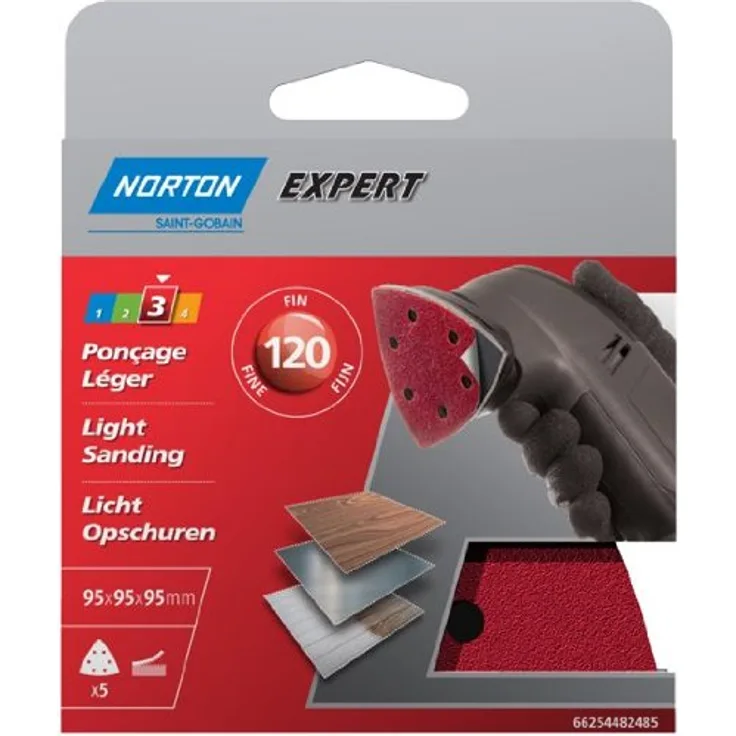 Norton H216 Set von 5 Expert Selbstmontage Schleifpapier Blatt mit 6 Löchern für dreieckige Sanders Durchmesser 95 mm Körnung 120